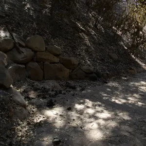 Santa Barbara Botanic Garden after the Jesusita Fire, ashes remaining from burned wood bench