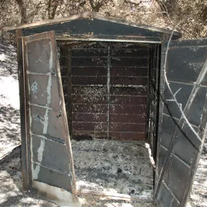 burned metal shed in Mission Canyon after the Jesusita Fire