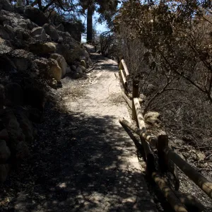 burned railing along Campbell Trail after the Jesusita Fire