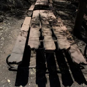 burned picnic table after the Jesusita Fire