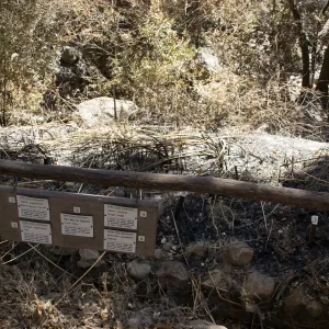 Fiber Arts Display with burned signage after the Jesusita Fire