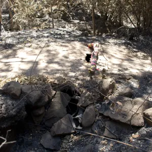Collapsed drainage culvert and pipe under Canyon Trail after the Jesusita Fire