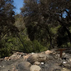 burned wood deck along canyon rim after the Jesusita Fire