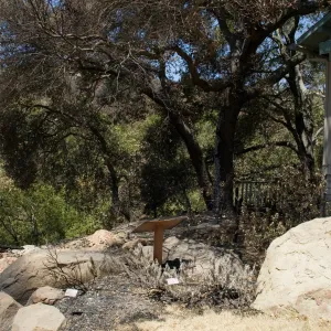 burned wood deck along canyon rim, adjacent to cottage, after the Jesusita Fire