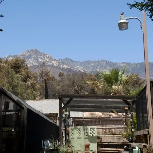 Garden Growers Nursery, with burned area behind, after the Jesusita Fire