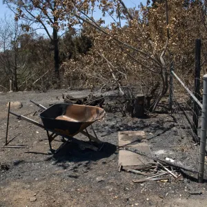 burned fence and gate, wheelbarrow, and tools after the Jesusita Fire