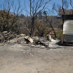 storage shed and debris at Gane House site, after the Jesusita Fire