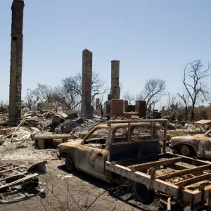 Gane House and vehicles, after the Jesusita Fire