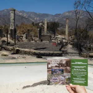 Gane House and swimming pool (with postcard image) after the Jesusita Fire