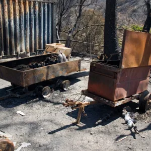 burned tools and equipment at the Gane House after the Jesusita Fire