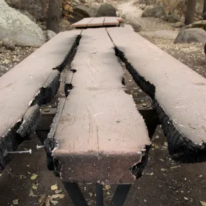 burned picnic table, after the Jesusita Fire