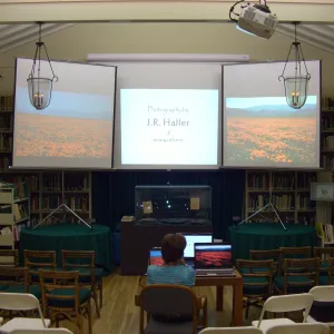 Preparing multimedia show for party celebrating Bob Haller's 80th year, three screens