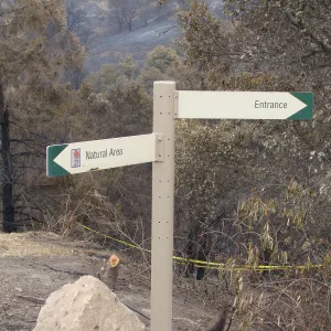 Directional sign and burned vegetation on the East Slope, after the Jesusita Fire