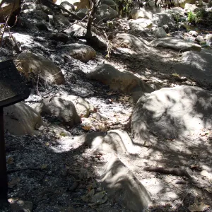 burned wood sign at the lower Mission Creek crossing point, after the Jesusita Fire