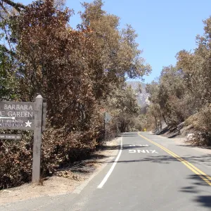 Santa Barbara Botanic Garden entrance sign on Mission Canyon Road, after the Jesusita Fire