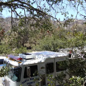Parking lot with Santa Barbara County fire vehicle at the Santa Barbara Botanic Garden, after the Jesusita Fire
