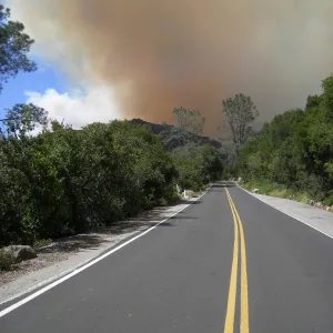 view of Jesusita Fire from Mission Canyon Road, day one, 3:15 PM