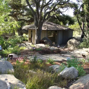 Information Kiosk, view from the Meadow Pond and Brook and Orchid Display side, SBBG 2 years after the Jesusita Fire