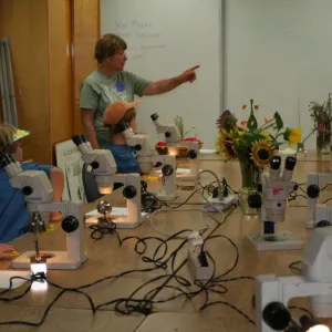 Diana teaching in the microscope lab, SBBG Summer Nature Camp, 2008
