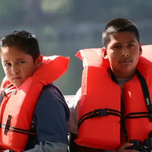 kids in life jackets, Lake Casitas, SBBG education tours, 2005-2006