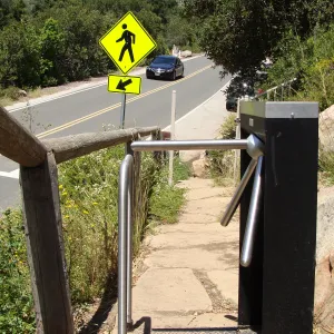 turnstiles installed at Porter Trail entrance, above Mission Canyon Road, SBBG, 2011