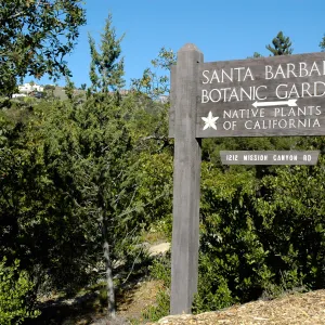Santa Barbara Botanic Garden sign at Mission Canyon Road entrance to parking lot
