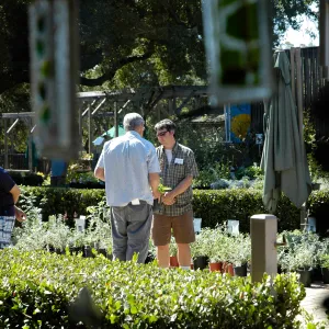 Bruce Reed with Garden visitor in the Courtyard, Fall Plant Sale, Community Free Day, October 2011