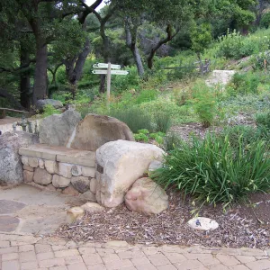 Meadow View planting area, stone bench