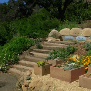 trough display garden, Meadow View, SBBG, mosaic on stone bench