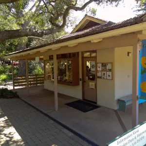 SBBG Gift Shop exterior, poppy banner, North Wing