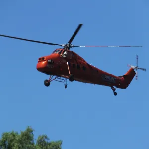 Sikorsky S-58T Screaming Mimi helicopter replacing utility pole in west Mission Canyon