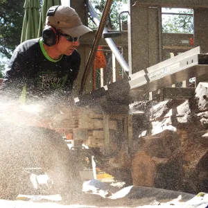 Trunk of former Cottage Oak (Coastal Live Oak) being milled into slabs by Ed Smith of Local Wood