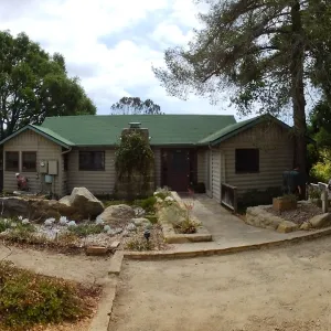 Home Demonstration Garden Renovation, view 1, panorama of north side of Cottage