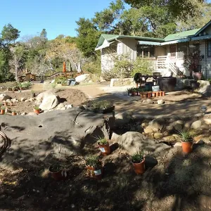 Home Demonstration Garden Renovation, view 12, panorama from southeast of Cottage, first day of replanting work