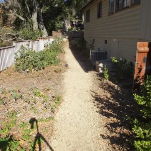 Home Demonstration Garden Renovation, view 30, looking north along path west of Cottage, first day of replanting work
