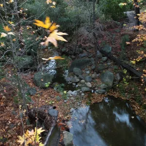Mission Aqueduct and pool below Mission Dam after rain