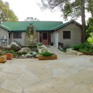 Home Demonstration Garden Renovation, view 1, panorama of north side of Cottage
