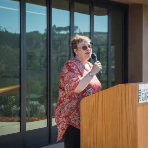 Pritzlaff Conservation Center Ribbon Cutting Celebration, Ann Symington speaking to guests