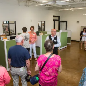 Pritzlaff Conservation Center Ribbon Cutting Celebration, Steve Windhyager leading tour in research workstation area