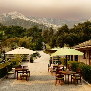 Courtyard in smoke-filtered light from Rey Fire