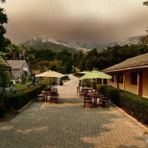 Courtyard in smoke-filtered light from Rey Fire