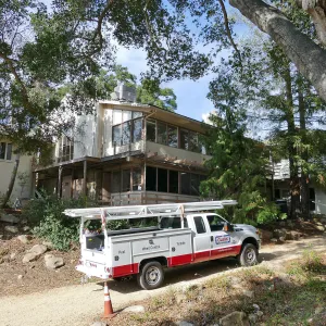 Library structural repair work, east side decking