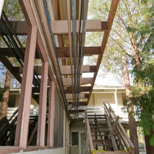 Library structural repair work, east side deck and stairs