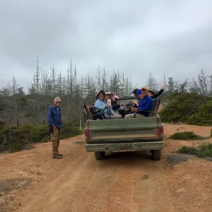 Santa Cruz Island Trip, Group in truck with Steve Junak (Steve Junak, Diane Galvan, Larry Disharoon, Michelle Gee, Inge Rose, Rick Zelazny, Diana Blanchard, Diane Fox, Dale Parks)