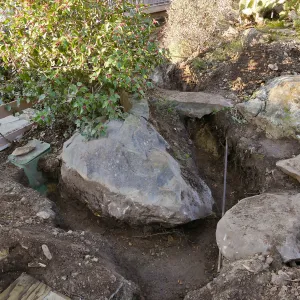 Gas line rerouting in Courtyard and Garden Growers Nursery, view from just outside northwest corner of Courtyard looking west