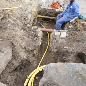 Gas line rerouting in Courtyard and Garden Growers Nursery, view from just outside northeast corner of Nursery, looking east