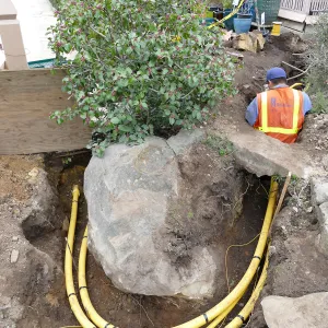 Gas line rerouting in Courtyard and Garden Growers Nursery, looking south