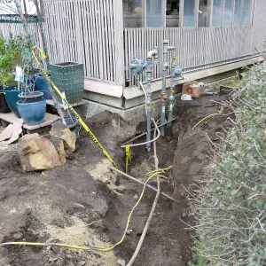 Gas line rerouting in Courtyard and Garden Growers Nursery, view of northeast corner of Lath House, where meter will be placed.