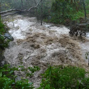 Mission Creek just below lower crossing during rainstorm