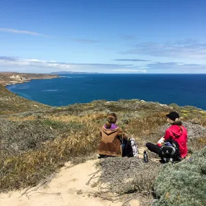 Santa Rosa Island Trip, Looking out towards mainland, Kate Davis and Nancy Deacon-Davis, hiking to Carrington Point